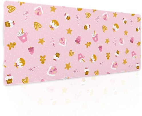 Pink Christmas Gaming Mouse Pad XL Cute Kawaii Cupcake Gingerbread Extended Big Large Desk Mat Non-Slip Rubber Base Stitched Edge Xmas Holiday Long Keyboard Mousepad for Computer Laptop,31.5×11.8 in