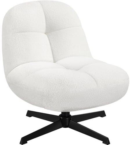 Yaheetech Boucle Tub Chair, 360 Degree Swivel Accent Chair Fuzzy Upholstered Living Room Armless Foldable Vanity Chair for Bedroom Lounge, White