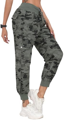 JINSHI Pantaloni da Trekking Donna Cargo Pantalone Lungo Sportivo Leggero Lavoro Jogging Pant con Tasche Verde Mimetico XS