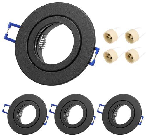 KYOTECH 4er Einbaustrahler GU10 Set Rahmen 230V Wasserdicht IP44 Schwarz Led Einbaurahmen Spot Rund Einbauleuchte Einbauspots 68mm Lochdurchmesser inkl. GU10 Fassung LED oder Halogen Leuchtmittel