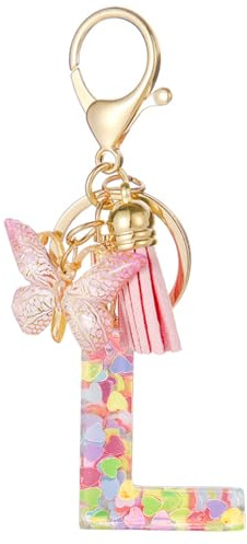 Moydolo Schlüsselanhänger Buchstabe mit Schlaufen für Mädchen Damen Frauen, Keychain Aesthetic mit Quasten Rosa Schmetterling Buchstabe Schlüssel Taschenanhänger