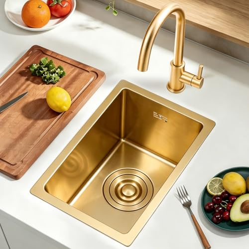KOOGIMDDR Évier de cuisine moderne en acier inoxydable avec robinet et siphon - 38 x 26 cm - Doré - 1 bac encastrable - Panier d'évacuation télescopique - Lavabo de cuisine
