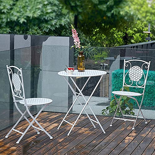 CCKUHN Gartentische und -stühle aus Schmiedeeisen, einfacher, Kleiner, runder Klapptisch im europäischen Stil, tragbarer Freizeitstuhl für Terrasse/Außenbereich/Innenhof (weiß)
