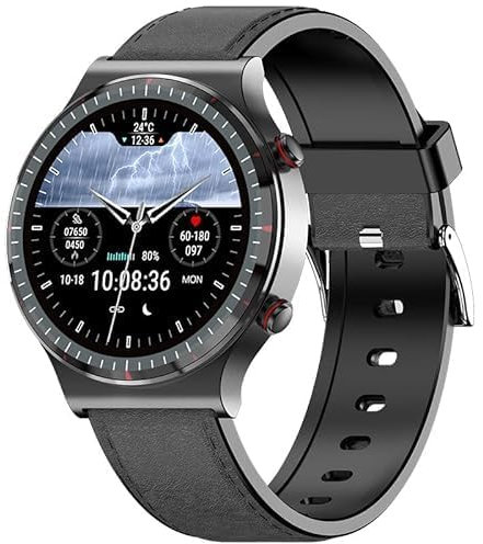 Smartwatch, EKG, Blutdruck, Schrittzähler, Blutsauerstoff, Herzfrequenz, SpO2, Überwachung Der Körpertemperatur Multifunktions Sportarmband (Schwarz & Leder)