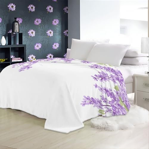 Manta Estampado Floral de Flores de Color Morado y Lila Manta de Felpa para sofá, Manta de vellón Púrpura Decoración del hogar, Mantas de otoño e Invierno, Ropa de Cama para niños 180 X 200