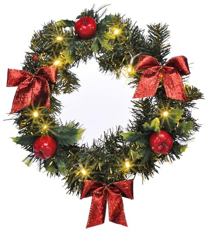 LED Kunst Tannenkranz grün warm weiß beleuchtet mit Timer - Ø 28 cm - Weihnachtskranz mit Dekoration Batterie betrieben - Weihnachten Advent Winter Deko Türkranz Tischkranz