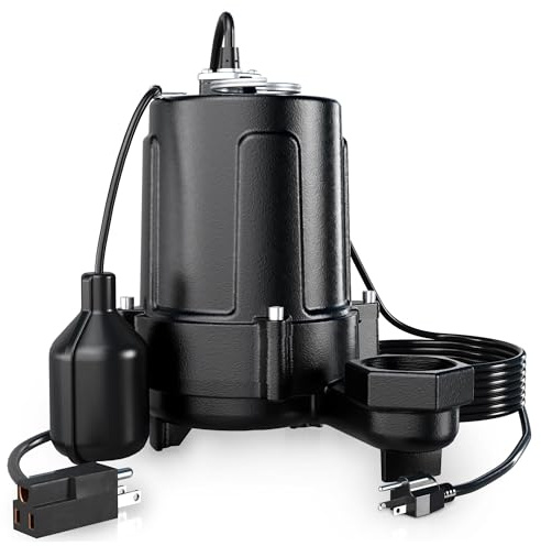 LANCHEZ 1.5 HP 53FT Submersible Sewage Pump, 4300 GPH Heavy Duty Cast Iron Effluent Pump with Automatic Tethered Float Switch, Sump Pump for Sump Basin, Basement, Residential, 2 NPT Discharge, Black