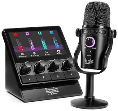 Hercules Stream Starter Kit - Stream 100 gaming audio controller for Windows PC + HUD-600 USB/XLR Microphone + Voicemod Pro (3 months)