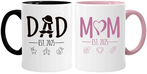 JOAASU 2 Pack Mummy and Daddy Mugs, New Mum Dad Coffee Mugs Set with Decision Coin, New Parents Gifts, Thoughtful Baby Shower Cups for Expecting Parents (Black+Pink) (2025)