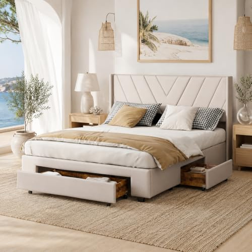 BRILVERDE Letto Matrimoniale 160x200 cm,Letto Imbottito con 3 cassetti,Letto Contenitore con testiera e Rete a doghe,Senza Materasso,Lino (Beige(59), 160x200 cm)