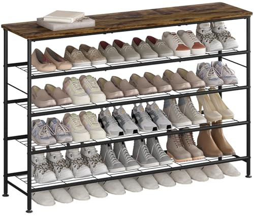 SUOERNUO Schuhregal, 5 Etagen, Schuhaufbewahrung, Organizer, Metallgitter-Regale mit MDF-Platte für Eingangsbereich, Flur, Schrank, Schlafzimmer, Wohnzimmer (schwarz + rustikales Braun, große 5 Etagen