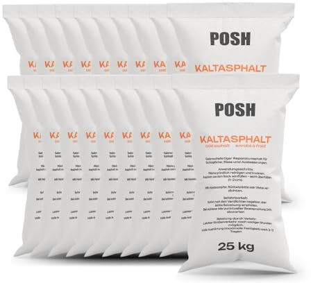 POSH Kaltasphalt 20x 25kg - Gebrauchsfertiger Asphalt-Reparatur-Rissfüller - mit einer Körnung von 0-8 mm - Bitumen-Anstrich - Universell einsetzbar