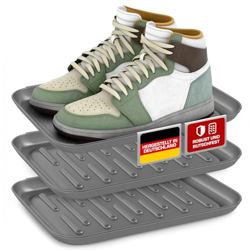 cekawika 3er-Set Schuhabtropfschale - kleine Schuhwanne 35x27x2,5 cm - robuste Schuhablage Flur, Pflegeleichte Abtropfschale, Schuhmatte (Silber)