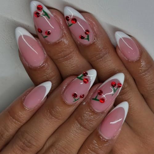 24pcs Press On Nails French Styles False With Fruit Designs Glossy Acrylic Artificial For Women And Girls Nail Decoration