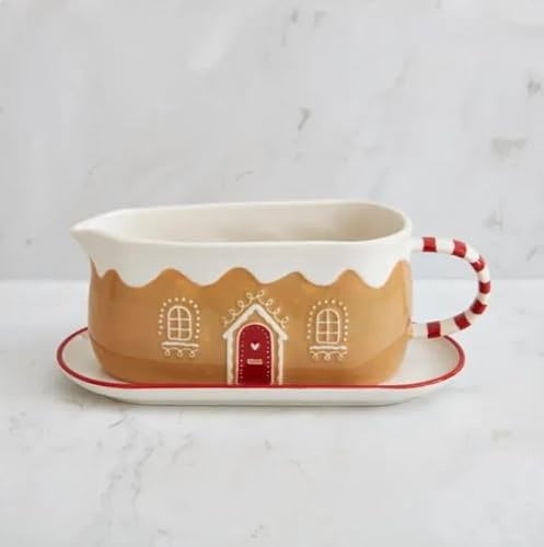 New FT-Store Gingerbread Stoneware Gravy Boat & Saucer, Add A Sprinkle of Fun to Your Christmas Table, Perfect for Enhancing The Festivities with A Little Flair, Dishwasher Safe -D01