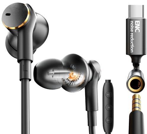 Auricolari a doppio driver con cavo e riduzione del rumore ENC, cuffie in-ear con bassi stereo Hi-Fi e miglioramento del suono DAC
