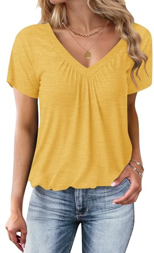 WNEEDU Maglietta Donna Manica Corta T-Shirt a Orlo a Bolla Estivo Scollo V