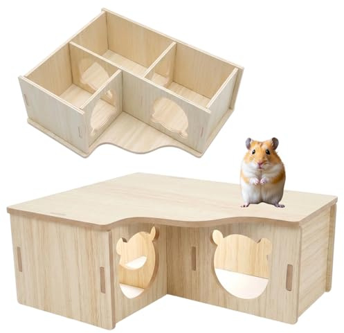 3-Zimmer Hamster Haus Mehrkammernhaus Hamster, Natürliches Holz Hamsterhaus Aus Holz, Zwerghamster Zubehör Hamster Versteck, Mehrkammernhaus Hamster Zubehör, Hamsterhaus Klein Für Sichere Käfige