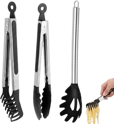 Spaghettizange Silikonzange 3-teilig Edelstahl, Nudelzange Pasta Zange Für Airfryer Und Küche, Kochzange Mit Silikongriffen Für Sicheren Griff, Spaghettilöffel Und Nudelkelle Im Praktischen Set