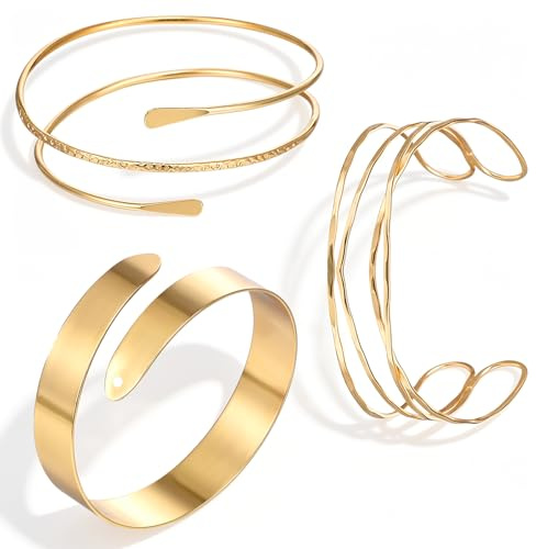 HaiFafafaing 3Pcs Gold Arm Cuffs Set- Adjustable Gold Bangles Arm Jewelry