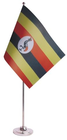 AZ FLAG Uganda Table Flag 22x15 cm Ugandan Satin Metal Base | Indoor use 6x9 in desk flag stitched finish with reinforced edges with pole