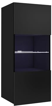 Mirjan24 Hängevitrine Calabrini BR05 (Schwarz Hochglanz, Blauer LED) | Moderne grifflose Wandvitrine mit gehärtetem Glas und Ablagefächern für das Wohnzimmer
