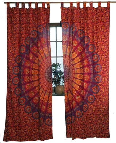 GURU SHOP Boho Vorhänge, Gardine mit Schlaufen, Mandala Motiv, rot/lila | Blickdicht, 100% Baumwolle, handbedruckt, Leuchteffekt, inkl. Drapierbändchen