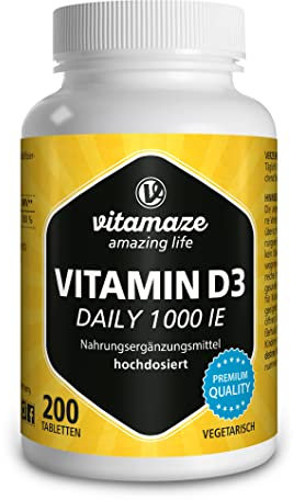 Vitamaze® Vitamina D 1000 UI, 200 Compresse Vegetariano per Assunzione Continua, Pura Vitamina D3, Qualità Tedesca, Naturale Integratore Alimentare senza Additivi non Necessari