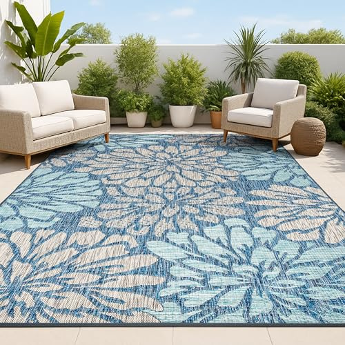 JONATHAN Y Floral Textured Weave Indoor Outdoor Area Rug 9X12 Navy/Aqua, Zinnia Modern for Backyard, Patio, Porch, Easy-Cleaning, High Traffic, Pet-Friendly, Non-Shedding (SMB110C-9)