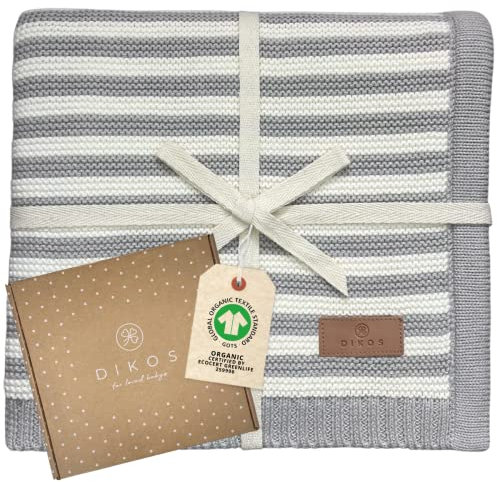 DIKOS® atmungsaktive Babydecke mit Streifen Grau/Creme | Neugeborenen Decke aus weicher Bio-Baumwolle (GOTS, Oko-TEX 100) Mädchen/Junge | Perfekt als Baby Erstausstattung & Geschenk zur Geburt