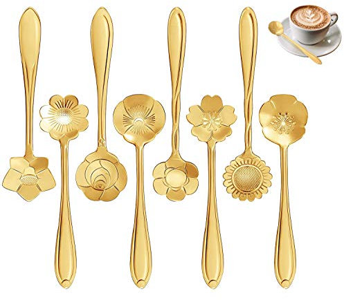 8 Formen Blumenlöffel Set Edelstahl Teelöffel Kaffeelöffel kreatives Geschirr, 12,5 cm gemischter Löffel Zuckerlöffel Eislöffel, verwendet für Catering-Aktivitäten, Themenrestaurants, Bars(golden)