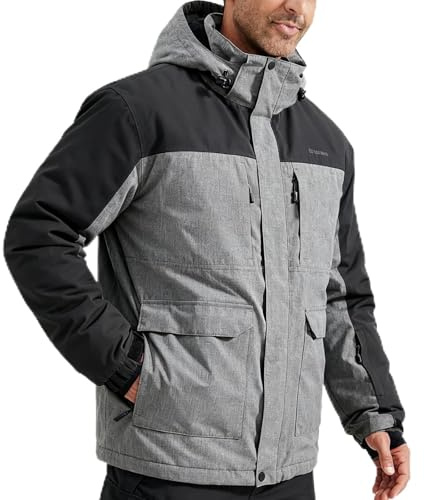FREE SOLDIER Wasserdichte Skijacke für Herren, mit Fleece gefüttert, warmer Winter-Schneemantel mit Kapuze, vollständig versiegelte Nähte (Grau meliert, XL)