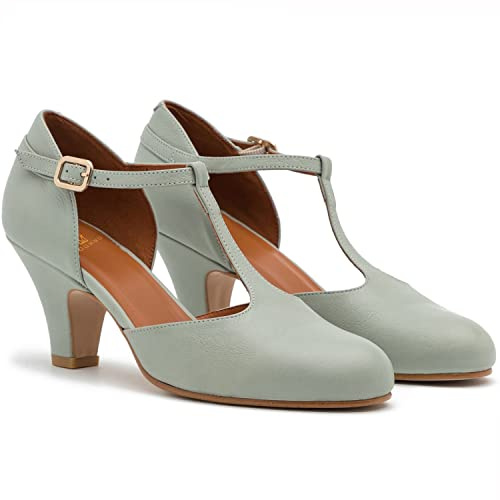 MOOMMO Green Women's Celadon D'Orsay T-Strap Pumps, Size 9, Suede, Round Toe, Low Heel, Work, Party, Wedding