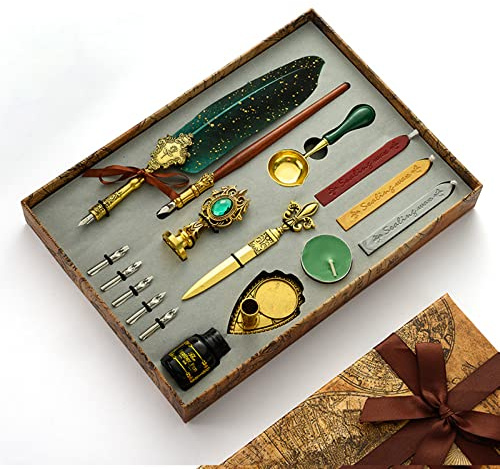 Joyeee Juego de plumas antiguas, con bolígrafo de inmersión de madera, cuchara de metal, palos de sello de cera, tinta, vela, kit de sello de cera para tarjeta de invitación de boda #88