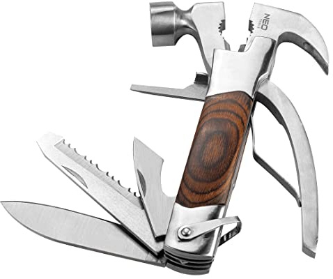 NEO TOOLS Multitool 13in1 Multifunktionswerkzeug, Edelstahl, Holzgriff | Zange, Mutternzange, Kabelschneider, Nagelzange, Hammer, Flachschraubendreher, Schraubendreher, Messer, Dosenöffner, Säge