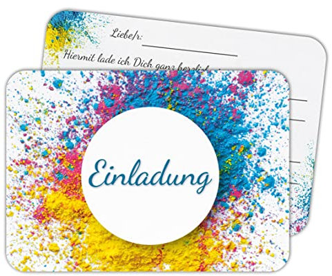 14 Einladungskarten zum Geburtstag für Teens und Kinder. Motiv: „HOLI“ – Farbenfrohe Karten im Qualitätsdruck zum Geburtstag, für Feiern, Partys und für besondere Anlässe.