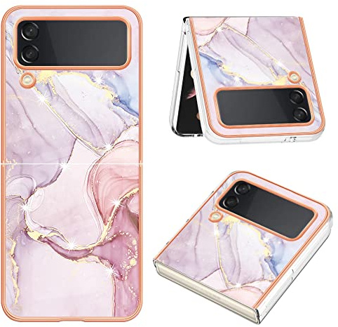QIWEIQING Marmordesign telefonfodral för Galaxy Z Flip 4 med rosa marmor för kvinnor flickor, heltäckande skyddsfodral mjukt TPU smalt skinnfodral kompatibelt med Samsung Z Flip 4.roséguld YBD