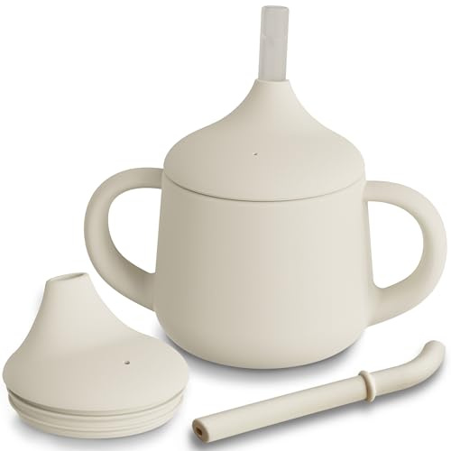 Moonkie Verre Bébé Apprentissage Anti Fuite 120ml, Tasse d’Apprentissage Bébé 3-en-1 en Silicone (Paille, Bec, Tasse Ouverte), Gourde avec Poignées, Compatible Lave-Vaisselle(Ivoire)