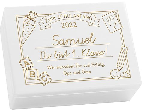 LAUBLUST Holzkiste mit Gravur - Personalisiert mit Datum | Name | WIDMUNG - Weiß, Größe L - Schreibtafel Motiv - Geschenkkiste zur Einschulung, FSC®