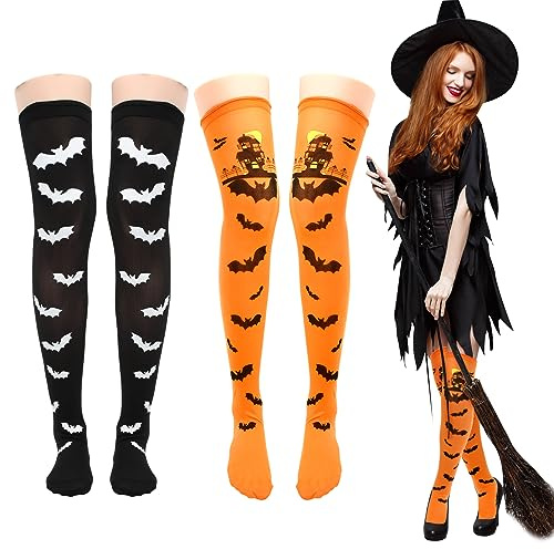 Sibba Lot De 2 Paires De Bas Longs Pour Halloween Cuisses Au-Dessus Du Genou Chauve-Souris Collants Cosplay Festival Fête Pour Femmes Et Filles Lot De 2 : 1 Noir Et 1 Orange Taille Unique