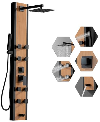 BWE Stainless Steel Shower Panel Tower System 8 Jets Multi-Function Shower Panel System Black and Bamboo Panel with Handheld Wand Wall Mount Shower Column