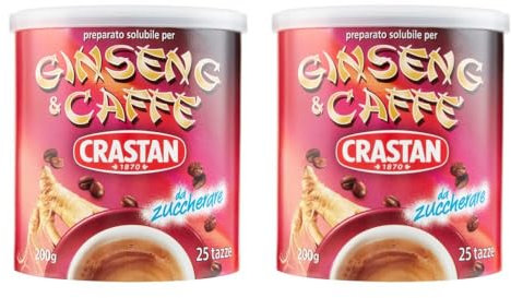 Crastan, Ginseng & Caffè, Preparato Solubile a Base di Ginseng e Caffè da Zuccherare a Piacere, 50 Tazze, Bevanda Senza Glutine e Grassi Idrogenati, 100% Made in Italy, 2 Barattoli da 200 gr