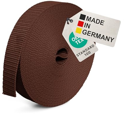 BAUHELD® 10m Universal Gurtband 20mm [Made in Germany] - Gewebe Montage-Band aus Polypropylen - Gurt zum Befestigen, Nähen oder Zubehör für Rucksack, Koffer, Steck-Schnalle, Spannriemen - Braun