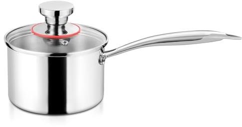 Herogo 14cm Stainless Steel Saucepan with Lid, 1L Triple-Layer Cooking Pan with Ergonomic Handle for Kitchen & Restaurant, Easy to Clean