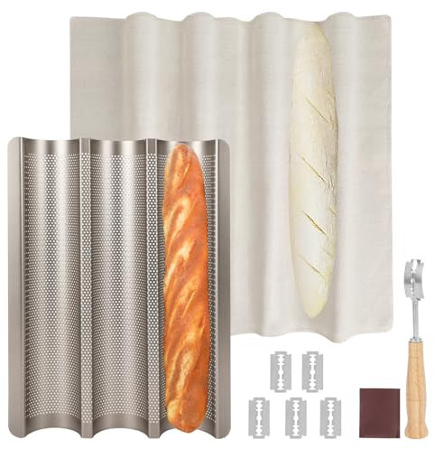 Barlket Baguette-Brotpfanne, perforierte Baguette-Pfanne, antihaftbeschichtet, 3 Brote, Backform mit Gärkörtuch, Teigschneider-Set für Heimbäcker, Baguette-Blech, 38,1 x 27,9 cm, Goldbrotform