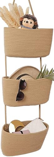 AARAINBOW Wandbehang Baumwollkörbe, Große Hängekörbe 3 Etagen Dekorative Hängekörbe für Wand Tür, Kinderzimmer Wandkorb Boho Wandkörbe zum Organisieren, 3 Etagen Hängekorb Badezimmer (B-Khaki)