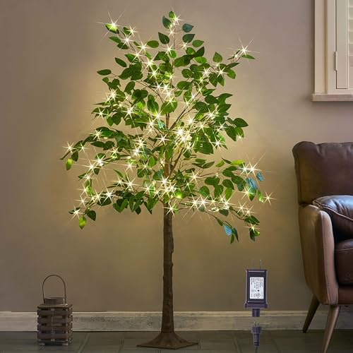 Hairui Artificial Ficus Silk Tree Lights 4FT 140LED Fairy Lights, Faux Plant Tree with Lights for Home Room Spring Summer Decoration Inside