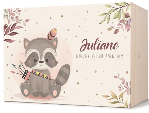 GRAVURZEILE Personalisierte Erinnerungskiste für Babys - Waschbär - Personalisiert mit Name & Datum - Holzkiste für Mädchen & Jungen - Geschenk fürs Baby zur Geburt - Erinnerungsbox für Neugeborene