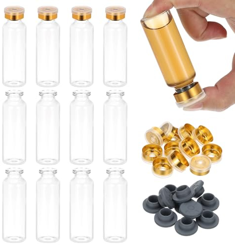 PATIKIL 12pcs 20ml Flacons d'Échantillons en Verre Borosilicaté Transparent Avec Bouchon en Plastique en Aluminium et Bouchon en Caoutchouc pour Stockage de Solides, Liquides, Doré