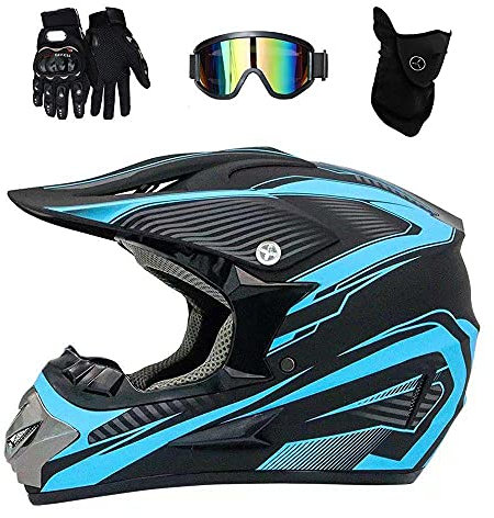 Youth Kid Motocross Helmet, Unisex Full Face Off Road Street Racing MTB Motorbike Helmet, Downhill Enduro ATV BMX Dirt Bike Crash Helmet, with Goggles Gloves Mask(Blue,L/56-57CM)